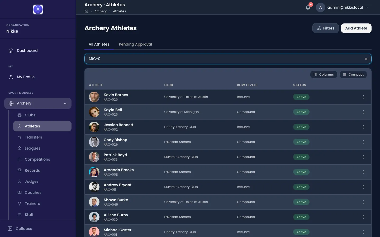 The Archery Athletes list in Velos with a search for a licence prefix typed into it. Tabs read All Athletes and Pending Approval, and a table lists athletes with photos under columns Athlete, Club, Bow Levels and Status, every visible row Active. Filters and Add Athlete buttons sit above.