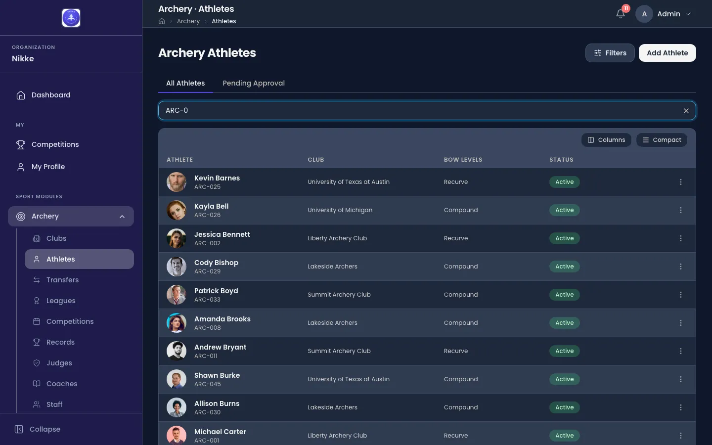 The Archery Athletes list in Velos with a search for a licence prefix typed into it. Tabs read All Athletes and Pending Approval, and a table lists athletes with photos under columns Athlete, Club, Bow Levels and Status, every visible row Active. Filters and Add Athlete buttons sit above.