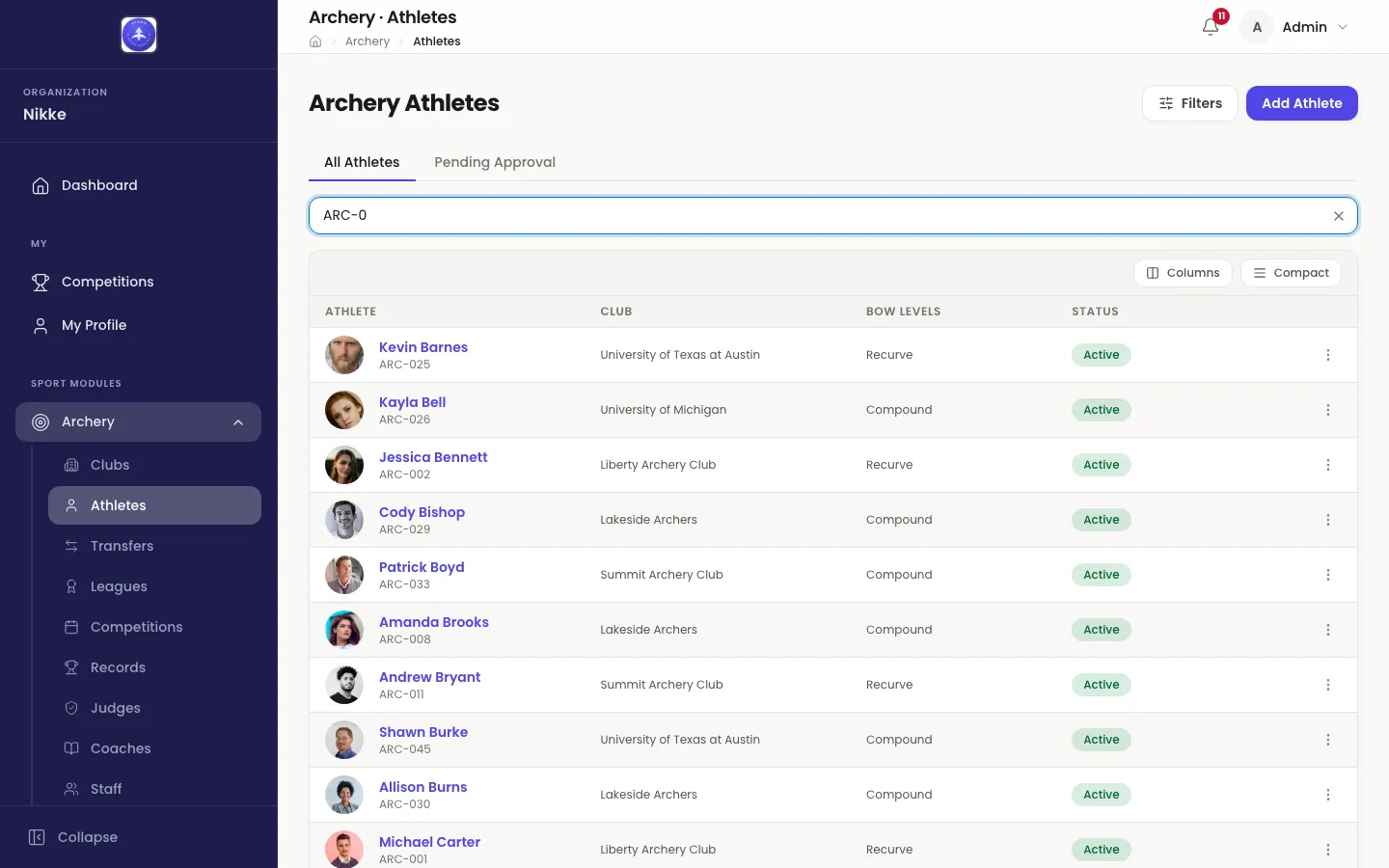 The Archery Athletes list in Velos with a search for a licence prefix typed into it. Tabs read All Athletes and Pending Approval, and a table lists athletes with photos under columns Athlete, Club, Bow Levels and Status, every visible row Active. Filters and Add Athlete buttons sit above.