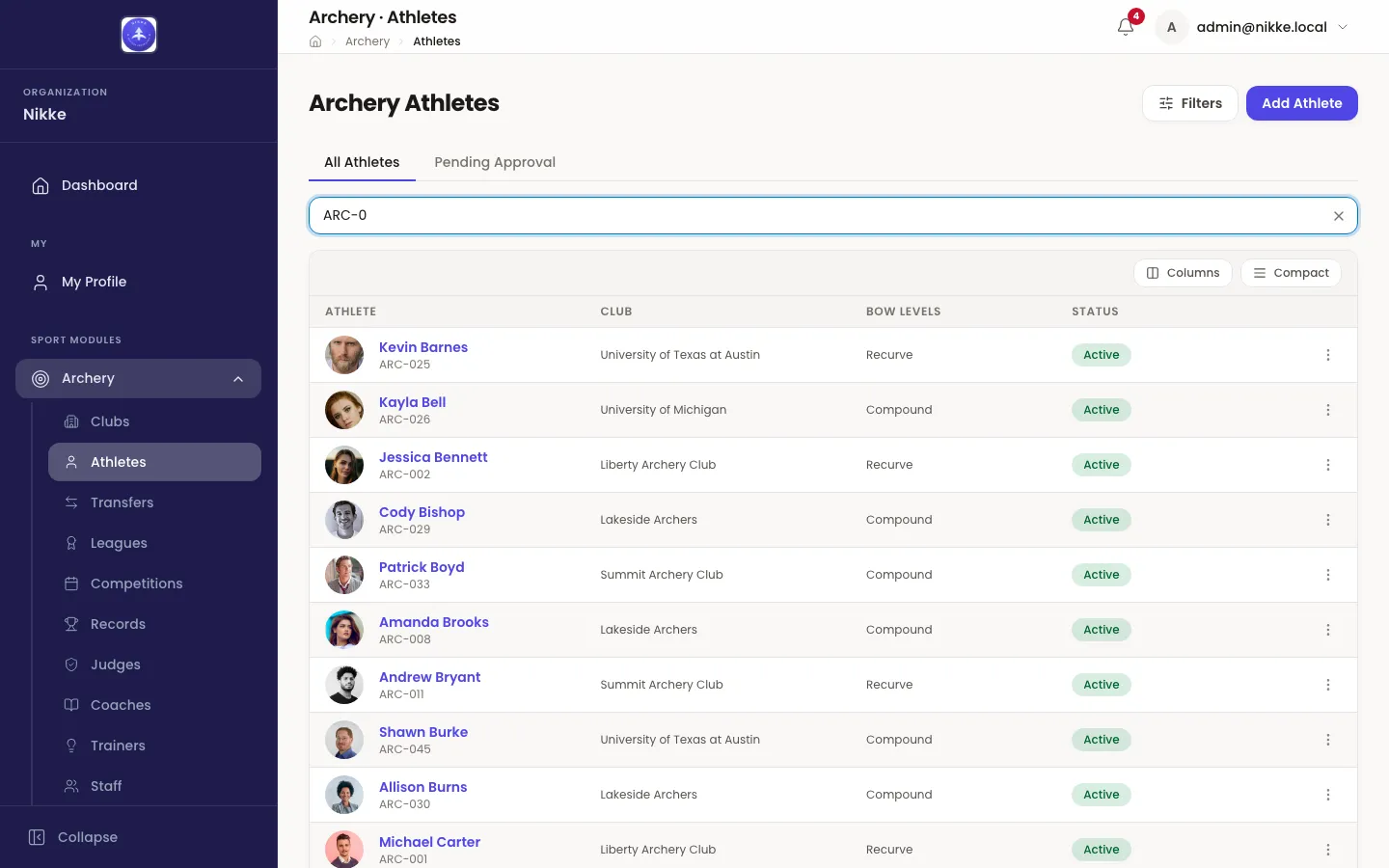 The Archery Athletes list in Velos with a search for a licence prefix typed into it. Tabs read All Athletes and Pending Approval, and a table lists athletes with photos under columns Athlete, Club, Bow Levels and Status, every visible row Active. Filters and Add Athlete buttons sit above.