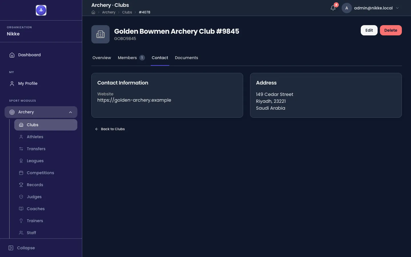 The Contact tab of a club in Velos, showing two cards side by side. Contact Information lists a website address, and Address lists a street, a city with postal code, and a country.