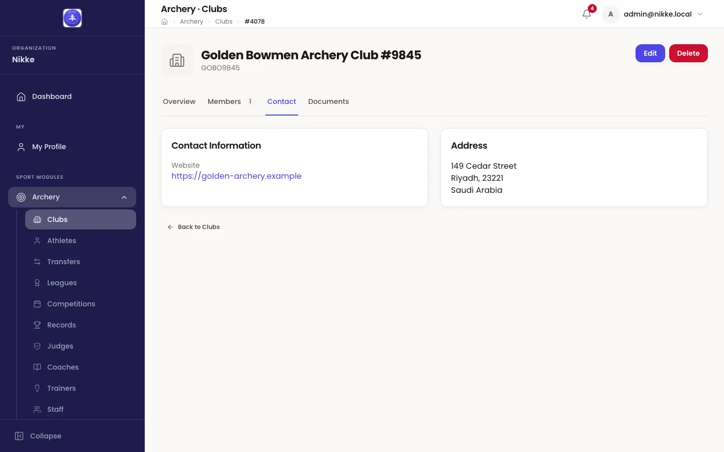The Contact tab of a club in Velos, showing two cards side by side. Contact Information lists a website address, and Address lists a street, a city with postal code, and a country.