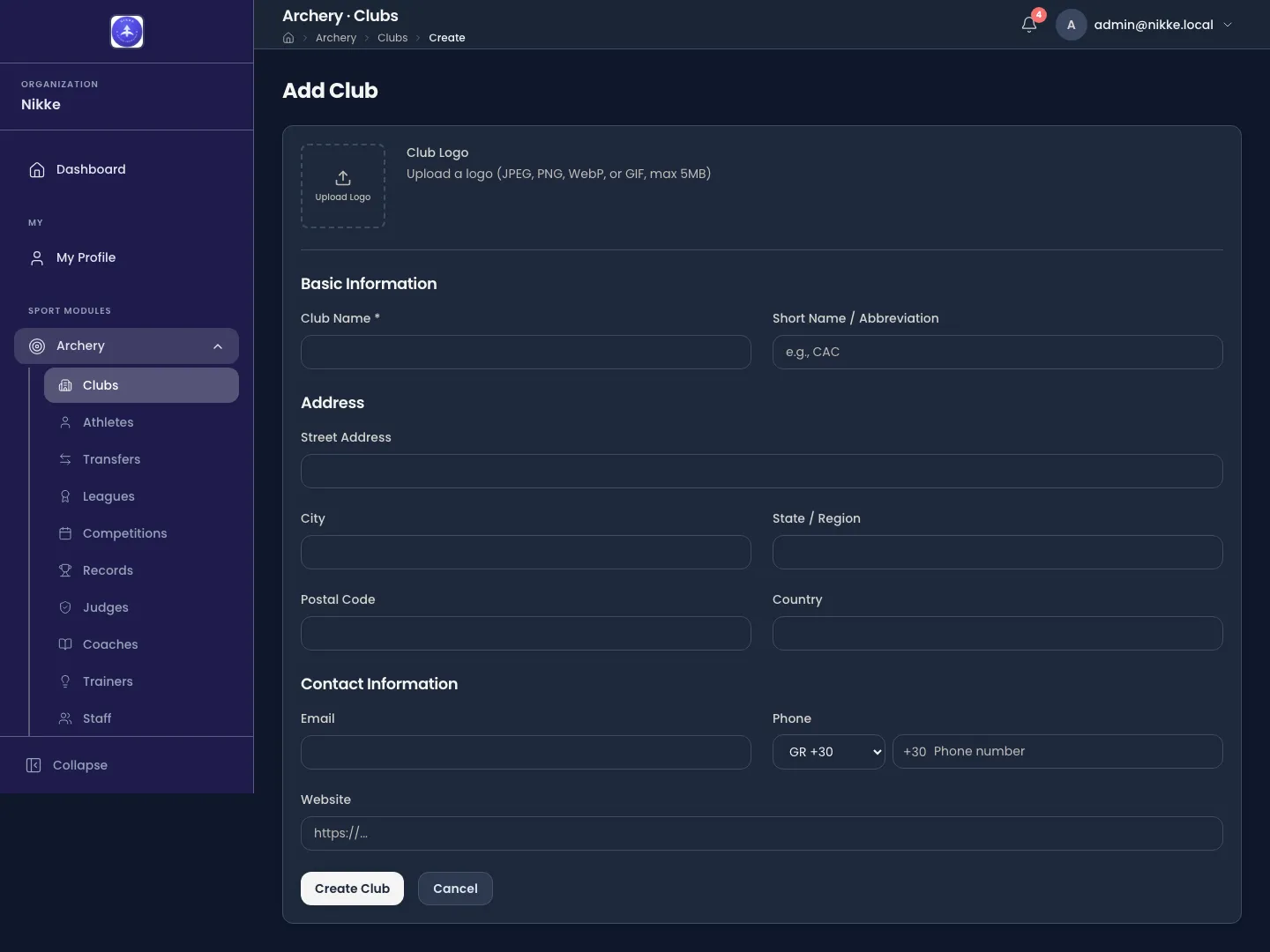 The Add Club form in Velos. At the top, a Club Logo panel with an Upload Logo button and the hint that a JPEG, PNG, WebP or GIF up to 5MB may be used. Below it three sections: Basic Information with Club Name and Short Name / Abbreviation, Address with Street Address, City, State / Region, Postal Code and Country, and Contact Information with Email, Phone and Website.