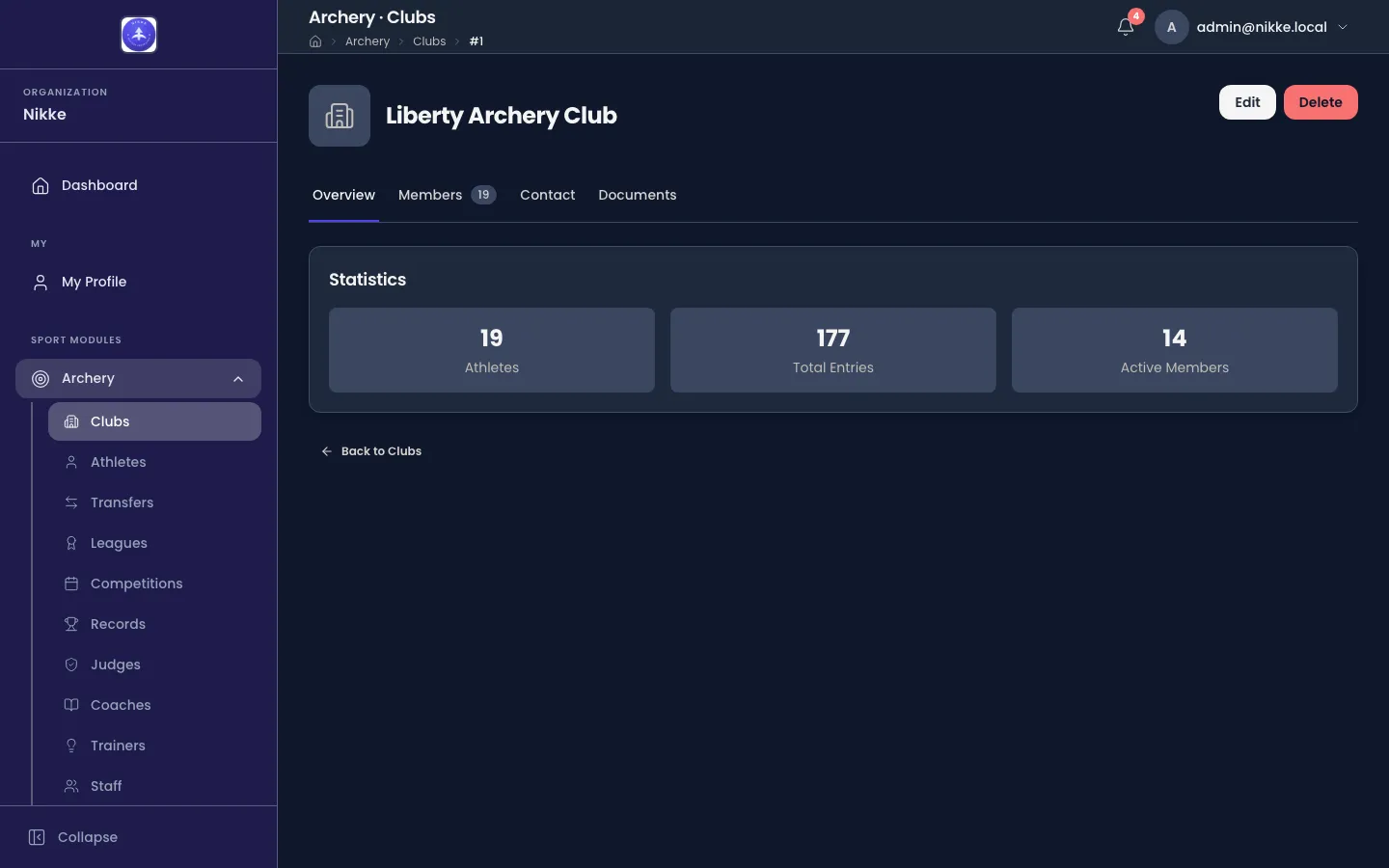 The Overview tab of Liberty Archery Club in Velos, with Edit and Delete buttons at the top right, a row of tabs reading Overview, Members 19, Contact and Documents, and a Statistics card holding three tiles: 19 Athletes, 177 Total Entries and 14 Active Members.