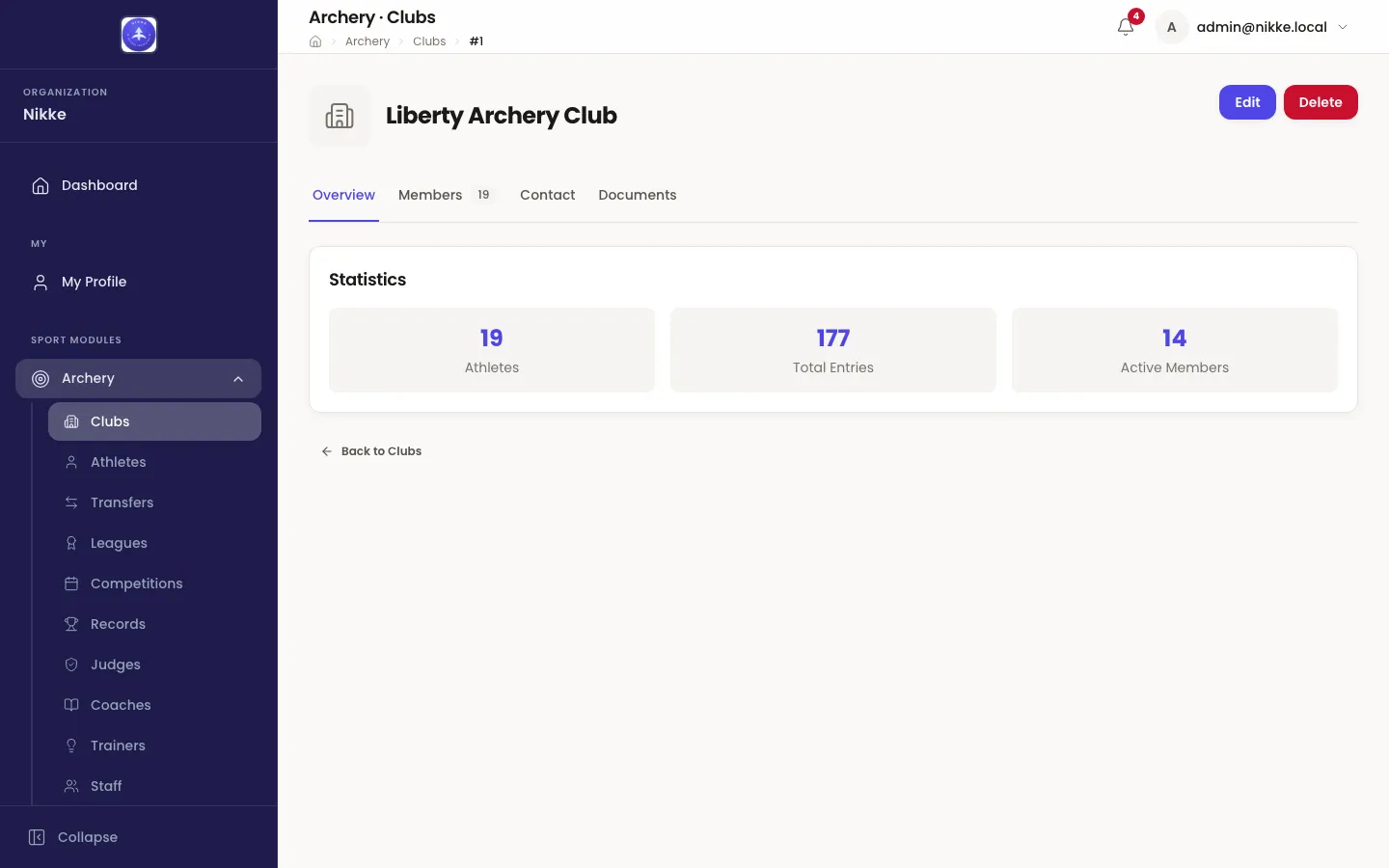 The Overview tab of Liberty Archery Club in Velos, with Edit and Delete buttons at the top right, a row of tabs reading Overview, Members 19, Contact and Documents, and a Statistics card holding three tiles: 19 Athletes, 177 Total Entries and 14 Active Members.