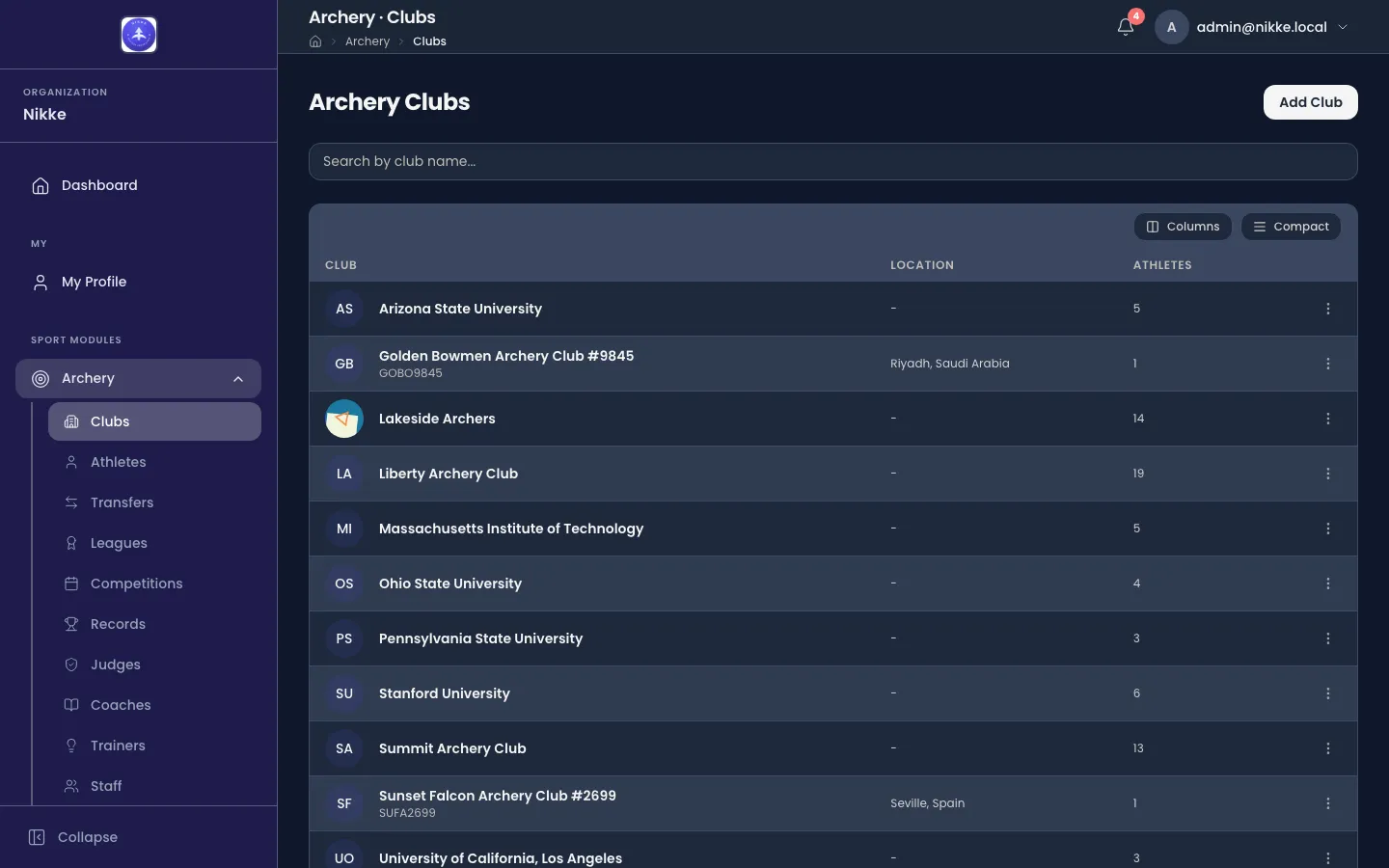 The Archery Clubs list in Velos: a search box above a table with columns for the club, its location and how many athletes it holds. Rows include Arizona State University, Lakeside Archers, Liberty Archery Club and Summit Archery Club, two of them showing a city and country. An Add Club button sits at the top right.