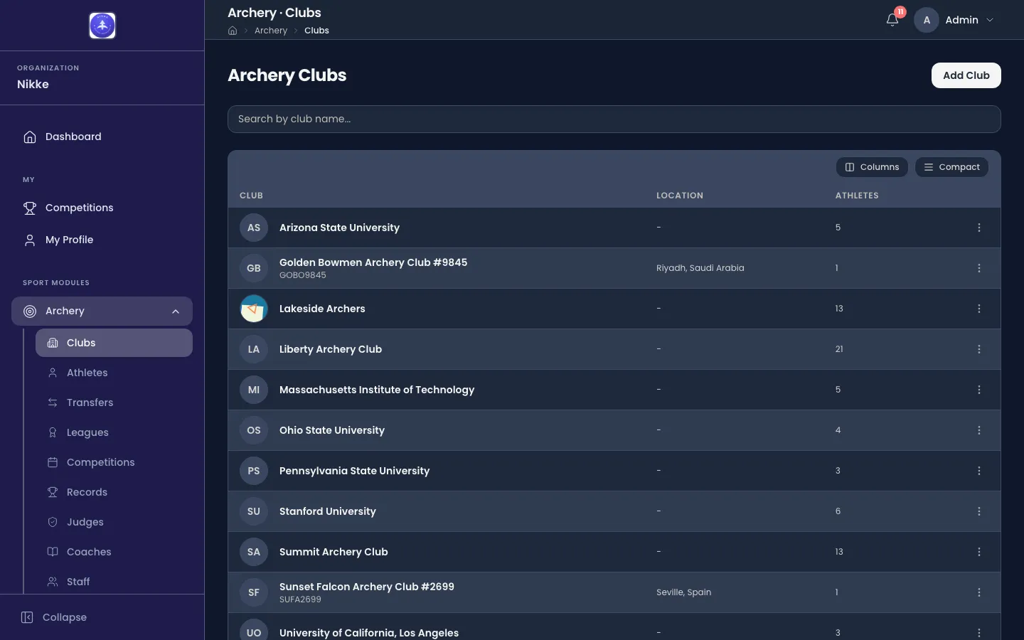The Archery Clubs list in Velos: a search box above a table with columns for the club, its location and how many athletes it holds. Rows include Arizona State University, Lakeside Archers, Liberty Archery Club and Summit Archery Club, two of them showing a city and country. An Add Club button sits at the top right.