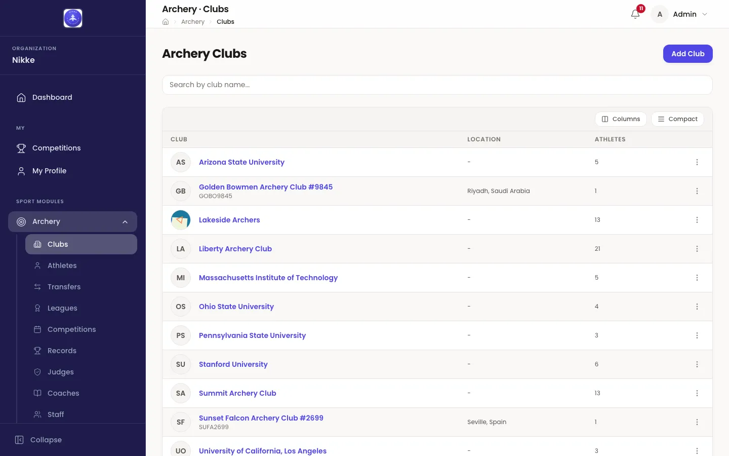 The Archery Clubs list in Velos: a search box above a table with columns for the club, its location and how many athletes it holds. Rows include Arizona State University, Lakeside Archers, Liberty Archery Club and Summit Archery Club, two of them showing a city and country. An Add Club button sits at the top right.