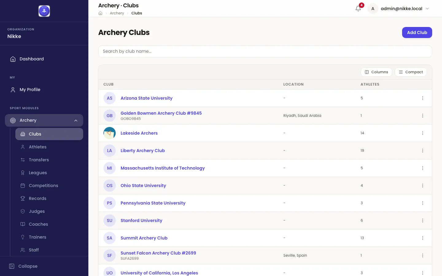 The Archery Clubs list in Velos: a search box above a table with columns for the club, its location and how many athletes it holds. Rows include Arizona State University, Lakeside Archers, Liberty Archery Club and Summit Archery Club, two of them showing a city and country. An Add Club button sits at the top right.