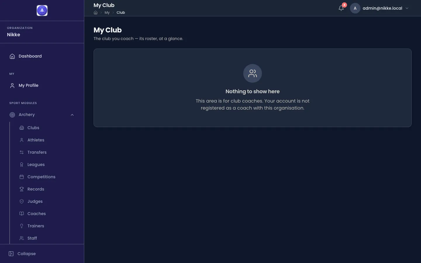 The My Club page in Velos opened by an account with no coach record. Under the heading My Club and the line 'The club you coach — its roster, at a glance.', an empty card reads 'Nothing to show here' above a sentence explaining that the area is for club coaches and this account is not registered as one.