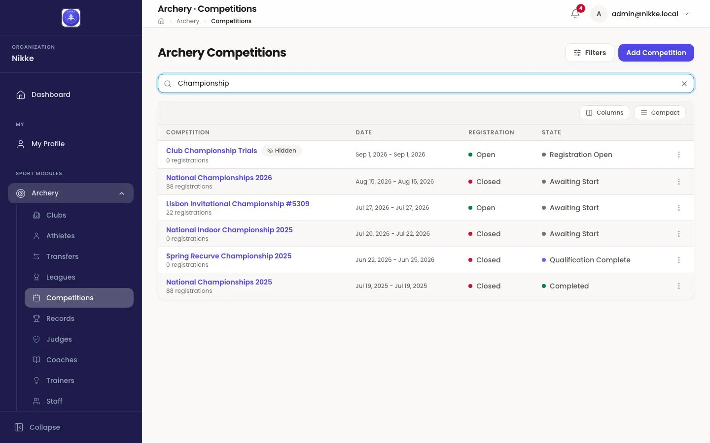 The Archery Competitions list in Velos with the word Championship typed into its search box: a Filters button and an Add Competition button sit above a table with columns Competition, Date, Registration and State. Six rows show a mix of Registration Open, Awaiting Start, Qualification Complete and Completed, with Open and Closed registration states, and the first row carries a Hidden badge.