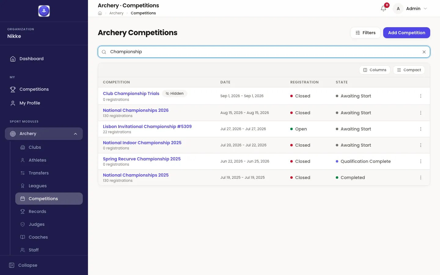 The Archery Competitions list in Velos with the word Championship typed into its search box: a Filters button and an Add Competition button sit above a table with columns Competition, Date, Registration and State. Six rows show a mix of Awaiting Start, Qualification Complete and Completed states, with Open and Closed registration, and the first row carries a Hidden badge.