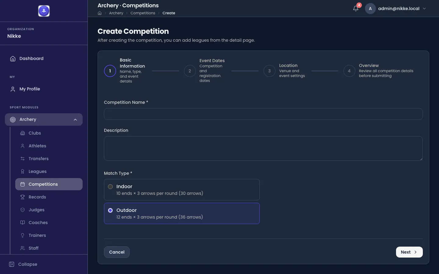 The Create Competition form in Velos, on step 1 of 4. A stepper across the top reads Basic Information, Event Dates, Location and Overview. Below it are a Competition Name field, a Description box, and a Match Type choice between Indoor — 10 ends × 3 arrows per round, 30 arrows — and Outdoor — 12 ends × 3 arrows per round, 36 arrows, with Outdoor selected.