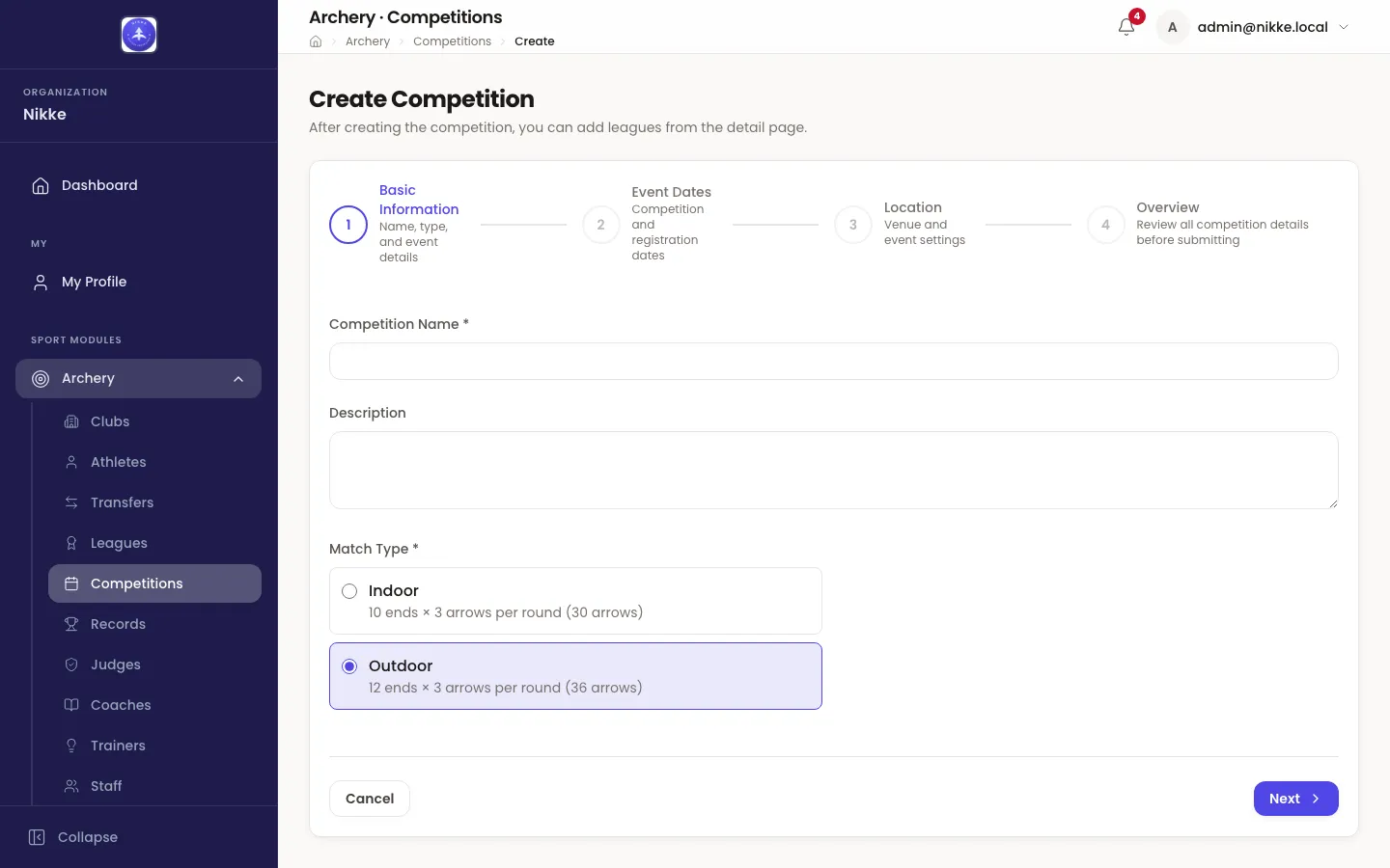 The Create Competition form in Velos, on step 1 of 4. A stepper across the top reads Basic Information, Event Dates, Location and Overview. Below it are a Competition Name field, a Description box, and a Match Type choice between Indoor — 10 ends × 3 arrows per round, 30 arrows — and Outdoor — 12 ends × 3 arrows per round, 36 arrows, with Outdoor selected.