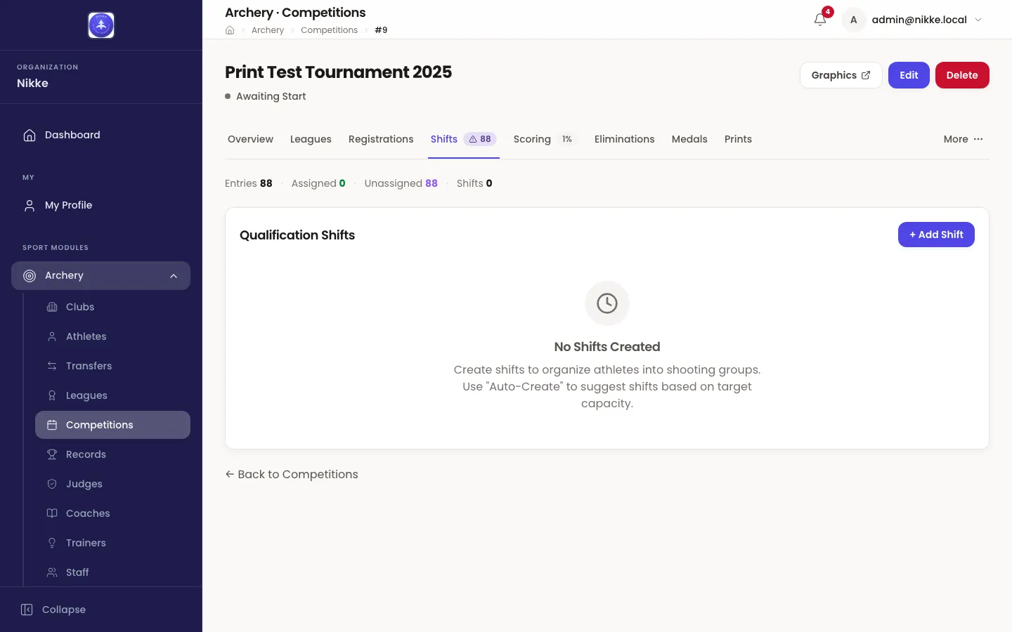 The Shifts tab of a draft competition in Velos. A summary line reads Entries 88, Assigned 0, Unassigned 88, Shifts 0. Below it a card headed Qualification Shifts with a + Add Shift button and an empty state reading No Shifts Created, with a line explaining that shifts organise athletes into shooting groups.