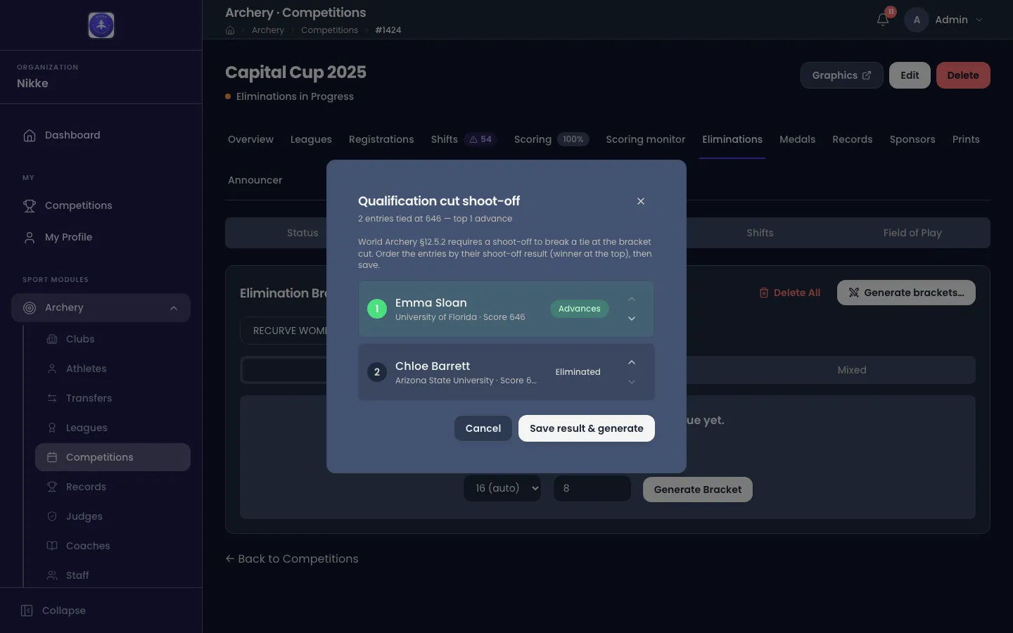 A dialog in Velos titled Qualification cut shoot-off, open over the Eliminations tab of Capital Cup 2025. A line under the title reads 2 entries tied at 646 — top 1 advance, and an instruction says World Archery §12.5.2 requires a shoot-off to break a tie at the bracket cut, and to order the entries by their shoot-off result, winner at the top, then save. Two archers are listed in that order: Emma Sloan of University of Florida, Score 646, numbered 1 on a green marker and tagged Advances; Chloe Barrett of Arizona State University below her, numbered 2 and tagged Eliminated. Each row carries arrows to move it up or down, and the dialog ends in Cancel and Save result & generate buttons.