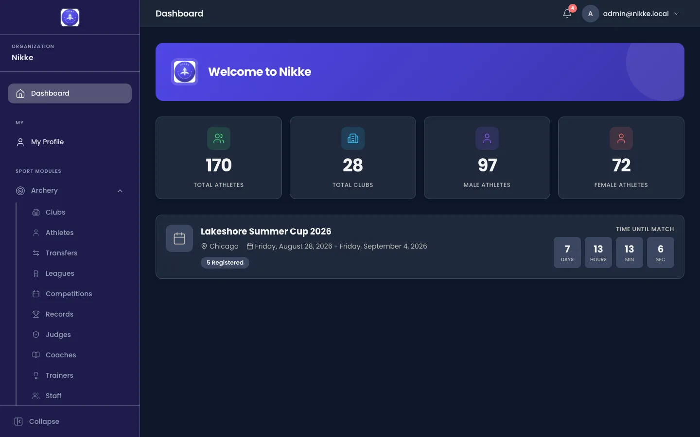 The Velos dashboard: a welcome banner naming your federation, club or academy, four tiles counting total athletes, total clubs, male athletes and female athletes, and a card for the next competition showing its venue, dates, number of registered entries and a countdown.