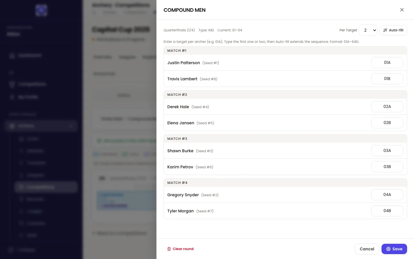 A drawer slid in over the Field of Play view in Velos, titled COMPOUND MEN. A meta line reads Quarterfinals (1/4), Type: IND, Current: 01–04, and at its end sit a Per target dropdown showing 2 and an Auto-fill button. A hint reads: Enter a target per archer (e.g. 01A). Type the first one or two, then Auto-fill extends the sequence. Format: 01A–64D. Four blocks follow, MATCH #1 to MATCH #4, each holding two archers with their seeding and a target box: Justin Patterson (Seed #1) on 01A against Travis Lambert (Seed #8) on 01B; Derek Hale (Seed #4) 02A against Elena Jansen (Seed #5) 02B; Shawn Burke (Seed #3) 03A against Karim Petrov (Seed #6) 03B; Gregory Snyder (Seed #2) 04A against Tyler Morgan (Seed #7) 04B. A Clear round button sits at the foot beside Cancel and Save.