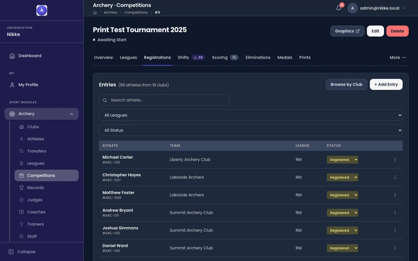 The Registrations tab of a competition in Velos, headed Entries with a count of 88 athletes from 8 clubs, a Browse by Club button and an + Add Entry button. Below are a search box, an All Leagues filter and an All Status filter, then a table with columns Athlete, Team, League and Status; every visible row reads Registered.