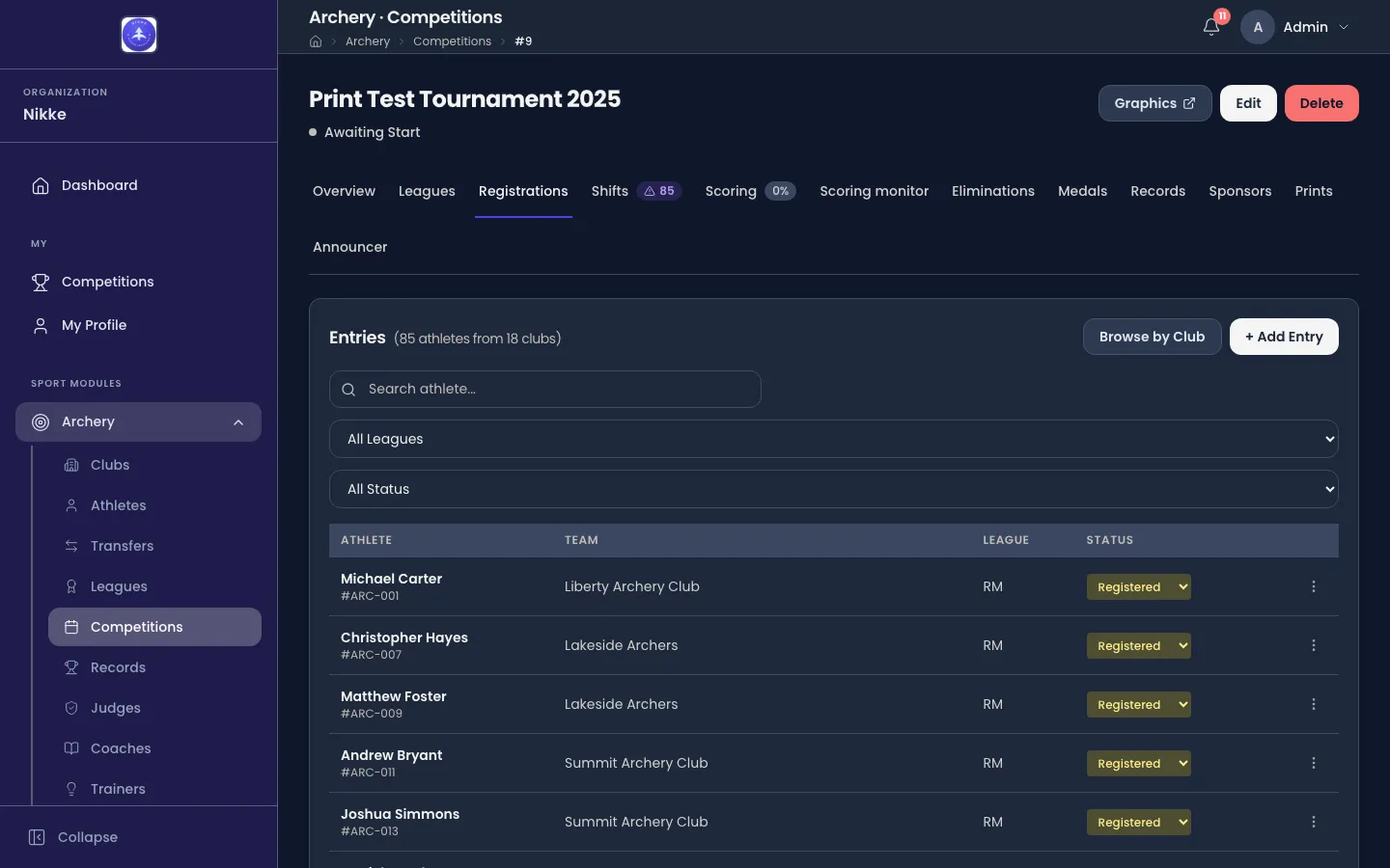 The Registrations tab of a competition in Velos, headed Entries with a count of 85 athletes from 18 clubs, a Browse by Club button and an + Add Entry button. Below are a search box, an All Leagues filter and an All Status filter, then a table with columns Athlete, Team, League and Status; every visible row reads Registered and ends in a ⋮ menu.
