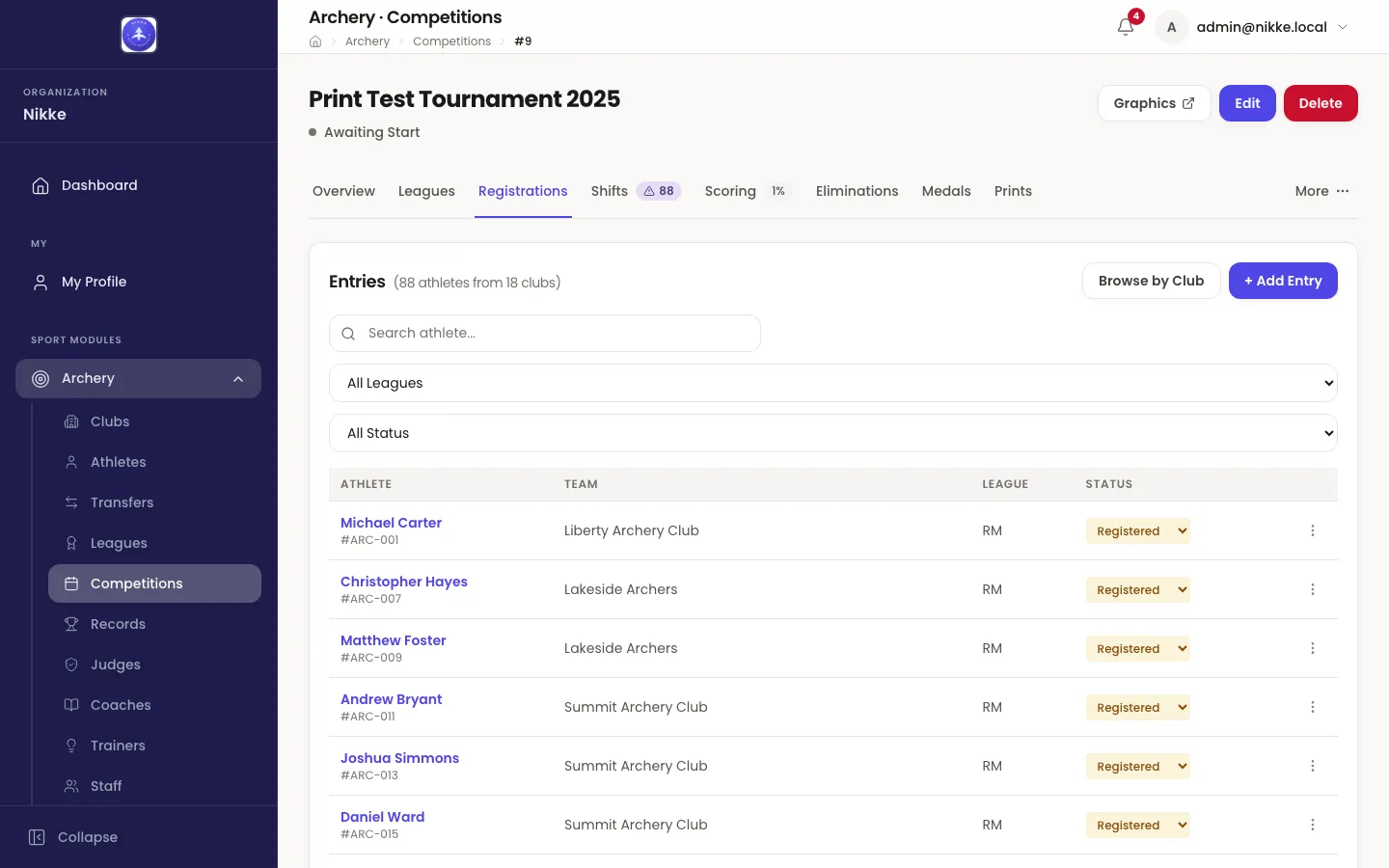 The Registrations tab of a competition in Velos, headed Entries with a count of 88 athletes from 8 clubs, a Browse by Club button and an + Add Entry button. Below are a search box, an All Leagues filter and an All Status filter, then a table with columns Athlete, Team, League and Status; every visible row reads Registered.
