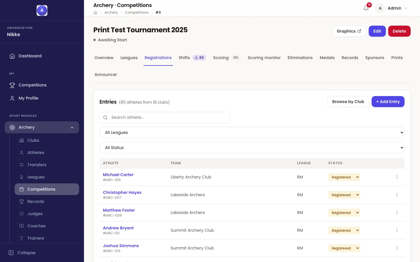 The Registrations tab of a competition in Velos, headed Entries with a count of 85 athletes from 18 clubs, a Browse by Club button and an + Add Entry button. Below are a search box, an All Leagues filter and an All Status filter, then a table with columns Athlete, Team, League and Status; every visible row reads Registered and ends in a ⋮ menu.