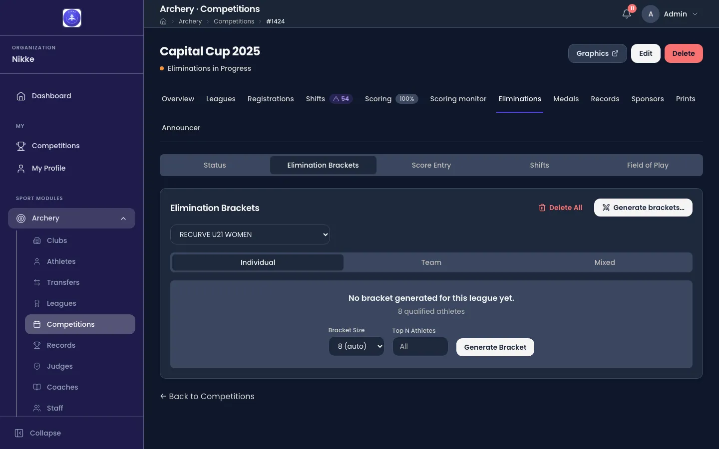 The Elimination Brackets view of Capital Cup 2025 in Velos, headed Elimination Brackets with a Delete All button and a Generate brackets… button in the corner. A league dropdown reads RECURVE U21 WOMEN and Individual is chosen on the Individual / Team / Mixed switch. A panel below reads No bracket generated for this league yet. over the line 8 qualified athletes, and under that sit a Bracket Size dropdown showing 8 (auto), a Top N Athletes box showing All, and a Generate Bracket button.