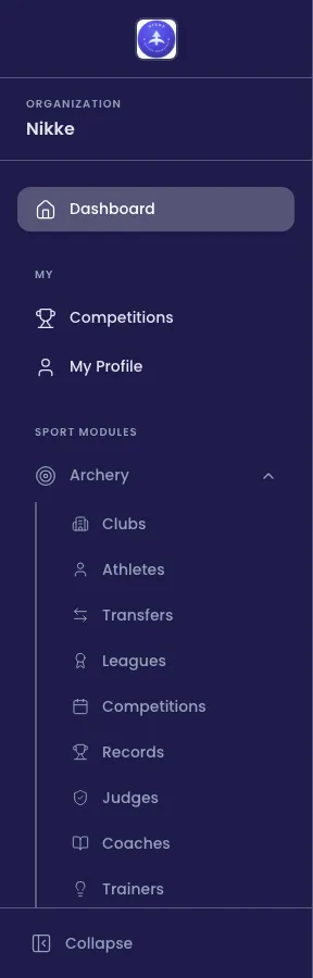 The Velos sidebar: your federation or club's name under the Organization heading, a Dashboard link, a My group containing Competitions and My Profile, and a Sport Modules group with Archery expanded to show Clubs, Athletes, Transfers, Leagues, Competitions, Records, Judges, Coaches and Trainers, where the view is cut off.