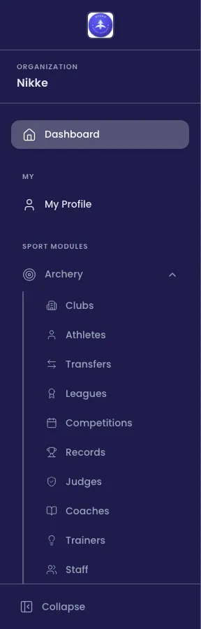 The Velos sidebar: your federation or club's name under the Organization heading, a Dashboard link, a My group containing My Profile, and a Sport Modules group with Archery expanded to show Clubs, Athletes, Transfers, Leagues, Competitions, Records, Judges, Coaches, Trainers and Staff.