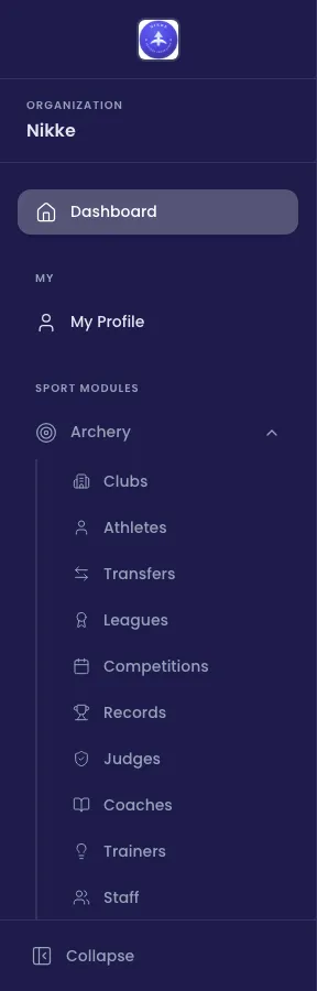 The Velos sidebar: your federation or club's name under the Organization heading, a Dashboard link, a My group containing My Profile, and a Sport Modules group with Archery expanded to show Clubs, Athletes, Transfers, Leagues, Competitions, Records, Judges, Coaches, Trainers and Staff.