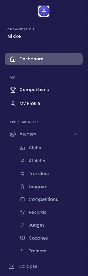 The Velos sidebar: your federation or club's name under the Organization heading, a Dashboard link, a My group containing Competitions and My Profile, and a Sport Modules group with Archery expanded to show Clubs, Athletes, Transfers, Leagues, Competitions, Records, Judges, Coaches and Trainers, where the view is cut off.