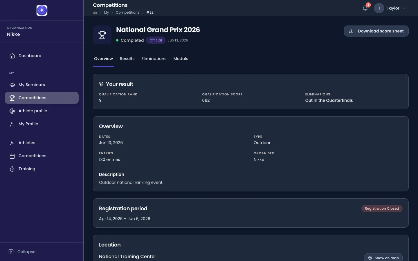 The completed competition National Grand Prix 2026, opened by an athlete who shot it, on its Overview tab. Above the Overview card a Your result card shows three facts side by side: Qualification rank 9, Qualification score 662, and Eliminations reading Out in the Quarterfinals. The header carries Completed and Official badges, the date Jun 13, 2026 and a Download score sheet button.