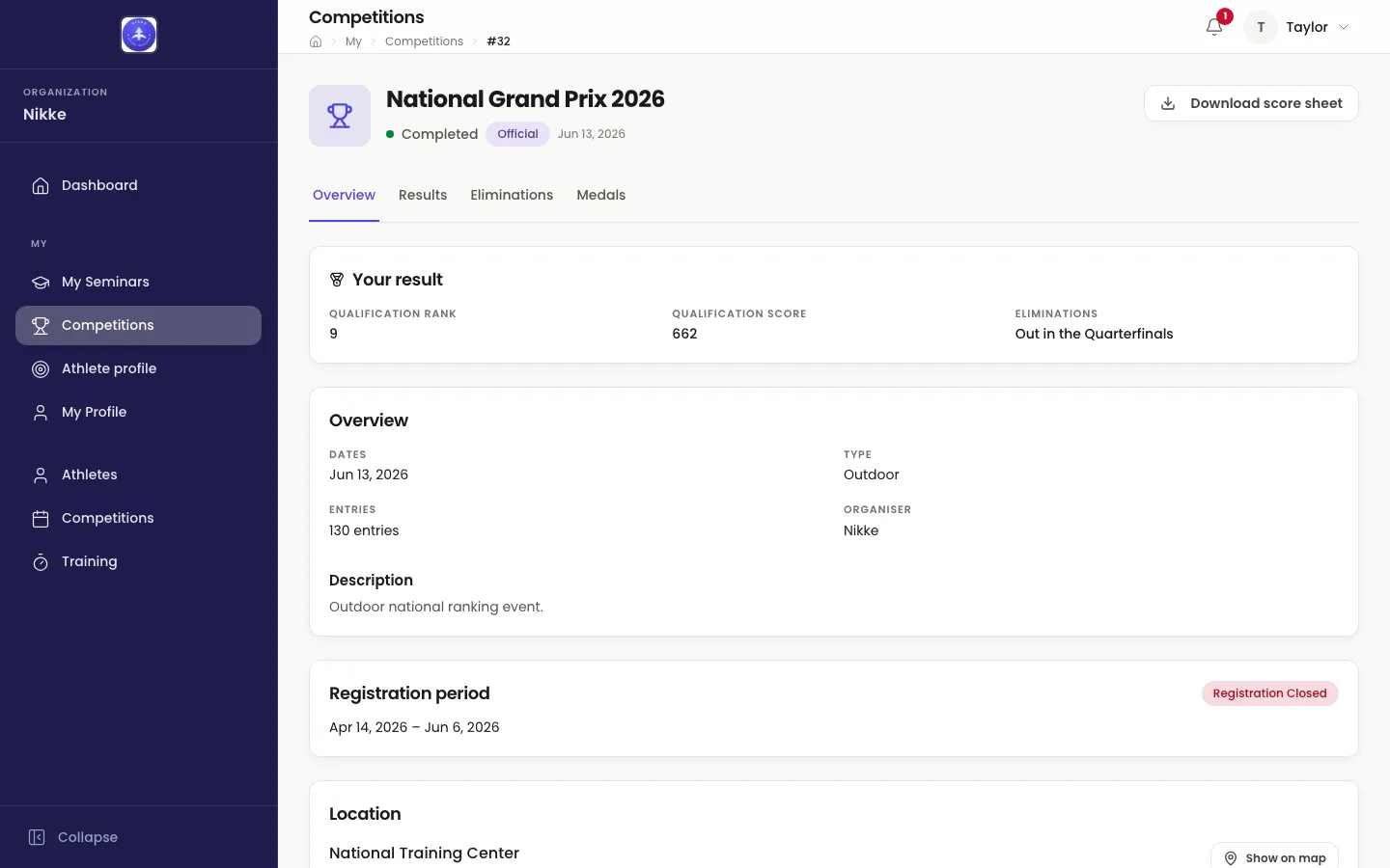 The completed competition National Grand Prix 2026, opened by an athlete who shot it, on its Overview tab. Above the Overview card a Your result card shows three facts side by side: Qualification rank 9, Qualification score 662, and Eliminations reading Out in the Quarterfinals. The header carries Completed and Official badges, the date Jun 13, 2026 and a Download score sheet button.