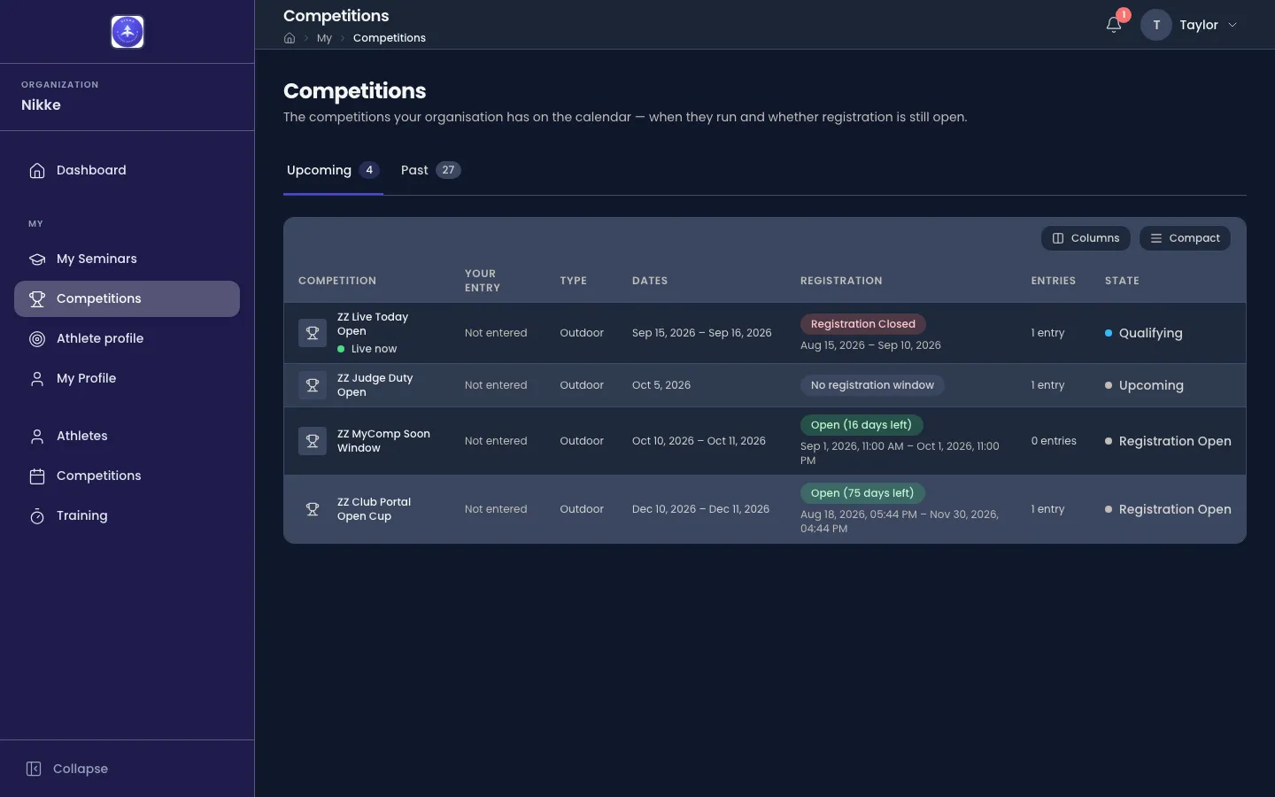 The Competitions page of the My group in Velos, opened by an athlete, subtitled 'The competitions your organisation has on the calendar — when they run and whether registration is still open.' Two tabs sit above the table, Upcoming counting 4 and Past counting 27, with Upcoming selected. The table has columns for Competition, Your entry, Type, Dates, Registration, Entries and State. The first row, ZZ Live Today Open, carries a green Live now marker under its name; every row reads Not entered in the Your entry column. The Registration column shows Registration Closed with its dates, No registration window, and two Open badges with 16 and 75 days left and their windows beneath. The State column reads Qualifying, Upcoming, Registration Open and Registration Open.