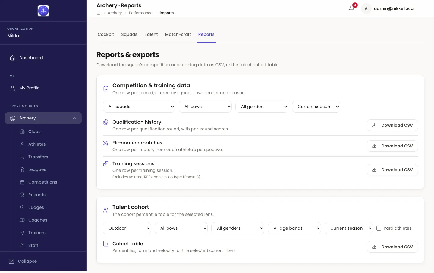 The Reports & exports page in Velos. A Competition & training data card carries squad, bow, gender and season dropdowns above three rows — Qualification history, Elimination matches and Training sessions — each with a Download CSV button. A Talent cohort card below it has its own filters and a Cohort table row with a Download CSV button.