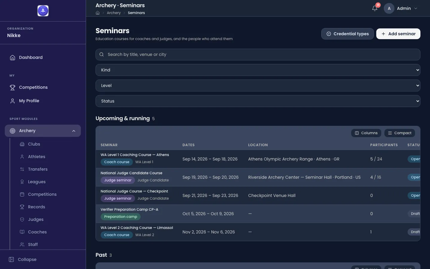 The Seminars page in Velos, subtitled Education courses for coaches and judges, and the people who attend them, with Credential types and Add seminar buttons at the top right. A search box reads Search by title, venue or city, followed by Kind, Level and Status dropdowns stacked full width. An Upcoming & running group counts 5 rows in a table with Seminar, Dates, Location and Participants columns and a Status column cut off at the right edge. Each row has a title link, a Coach course, Judge seminar or Preparation camp chip — the camp with no level beside it, the others with a level such as WA Level 1 or Judge Candidate — a date range in September to November 2026, a venue with city and country, and a participants count like 5 / 24 or 4 / 16.
