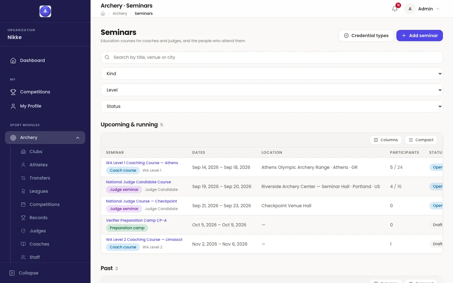 The Seminars page in Velos, subtitled Education courses for coaches and judges, and the people who attend them, with Credential types and Add seminar buttons at the top right. A search box reads Search by title, venue or city, followed by Kind, Level and Status dropdowns stacked full width. An Upcoming & running group counts 5 rows in a table with Seminar, Dates, Location and Participants columns and a Status column cut off at the right edge. Each row has a title link, a Coach course, Judge seminar or Preparation camp chip — the camp with no level beside it, the others with a level such as WA Level 1 or Judge Candidate — a date range in September to November 2026, a venue with city and country, and a participants count like 5 / 24 or 4 / 16.