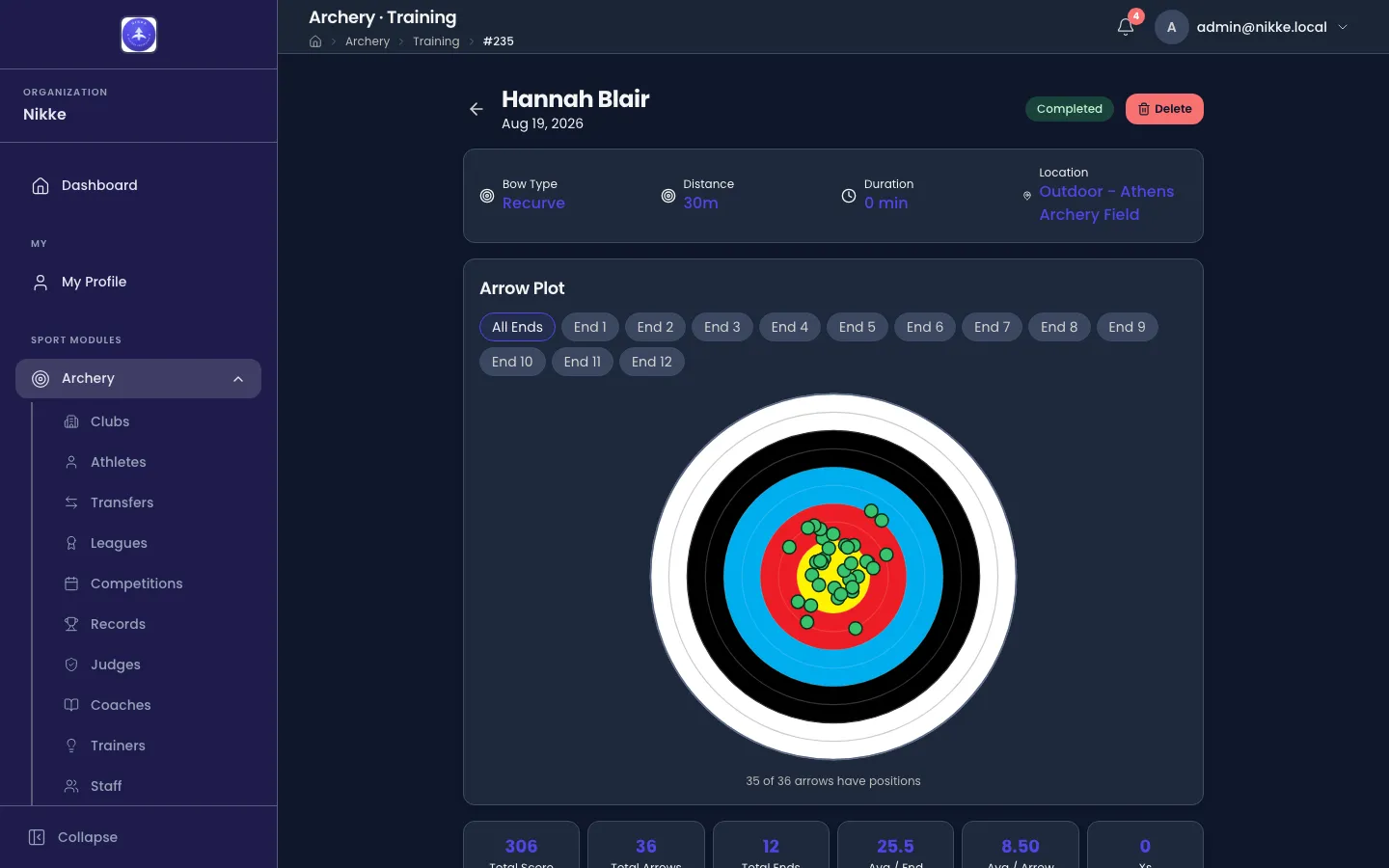 The top of a completed training session in Velos: the athlete's name and the date, a Completed badge and a Delete button, then a card giving Bow Type Recurve, Distance 30m, Duration 0 min and Location Outdoor - Athens Archery Field. An Arrow Plot card follows beneath.