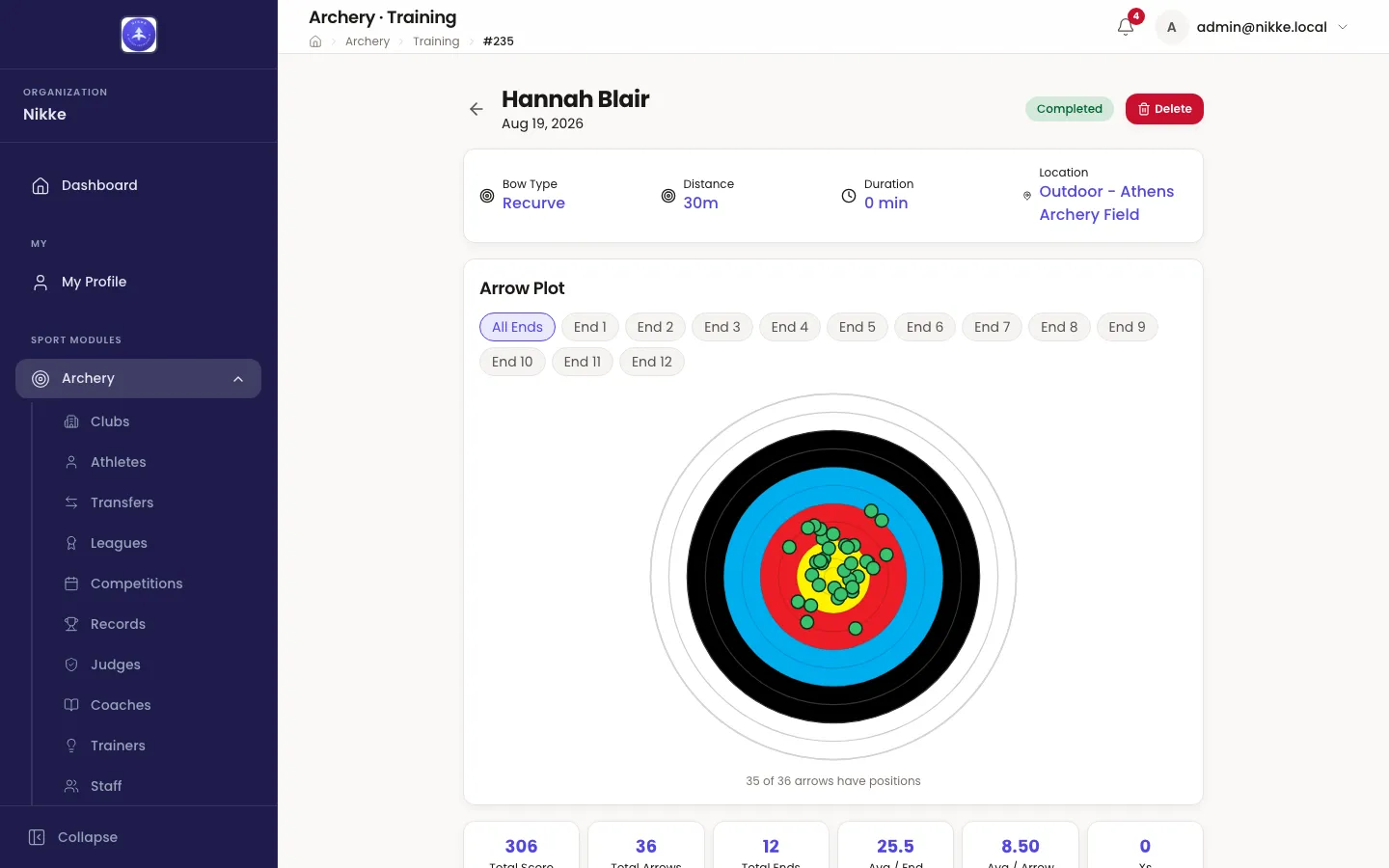 The top of a completed training session in Velos: the athlete's name and the date, a Completed badge and a Delete button, then a card giving Bow Type Recurve, Distance 30m, Duration 0 min and Location Outdoor - Athens Archery Field. An Arrow Plot card follows beneath.