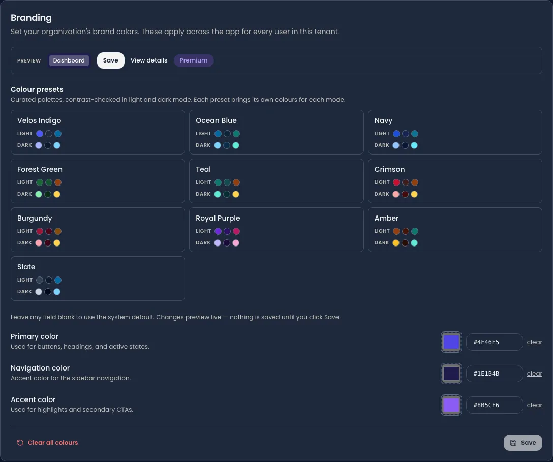 The Branding card in Velos Settings. A Preview strip shows a sample Dashboard heading, Save and View details buttons and a Premium badge in the current colours. Colour presets follows, ten named palettes — Velos Indigo, Ocean Blue, Navy, Forest Green, Teal, Crimson, Burgundy, Royal Purple, Amber and Slate — each with a Light and a Dark row of three swatches. Below are Primary color, Navigation color and Accent color fields, each with a swatch, a hex value and a clear link, and Clear all colours and Save buttons at the foot.