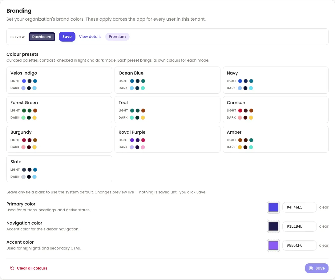 The Branding card in Velos Settings. A Preview strip shows a sample Dashboard heading, Save and View details buttons and a Premium badge in the current colours. Colour presets follows, ten named palettes — Velos Indigo, Ocean Blue, Navy, Forest Green, Teal, Crimson, Burgundy, Royal Purple, Amber and Slate — each with a Light and a Dark row of three swatches. Below are Primary color, Navigation color and Accent color fields, each with a swatch, a hex value and a clear link, and Clear all colours and Save buttons at the foot.