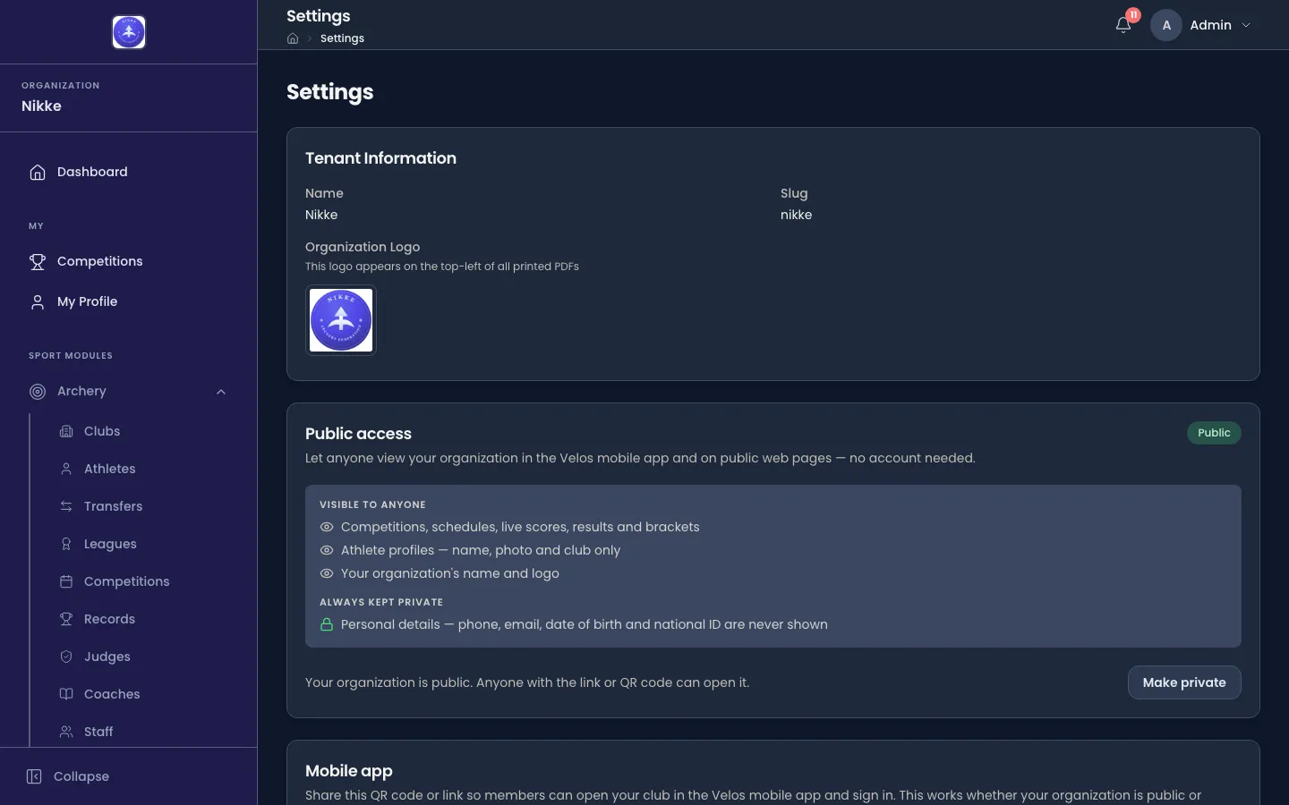 The Settings page in Velos. A Tenant Information card shows Name Nikke, Slug nikke and an Organization Logo section with the note that this logo appears on the top-left of all printed PDFs, and a preview of the round Nikke crest. Below it a Public access card carries a green Public badge, a Visible to anyone panel listing competitions, schedules, live scores, results and brackets, athlete profiles with name, photo and club only, and the name and logo, an Always kept private panel saying personal details such as phone, email, date of birth and national ID are never shown, the line that anyone with the link or QR code can open it, and a Make private button.