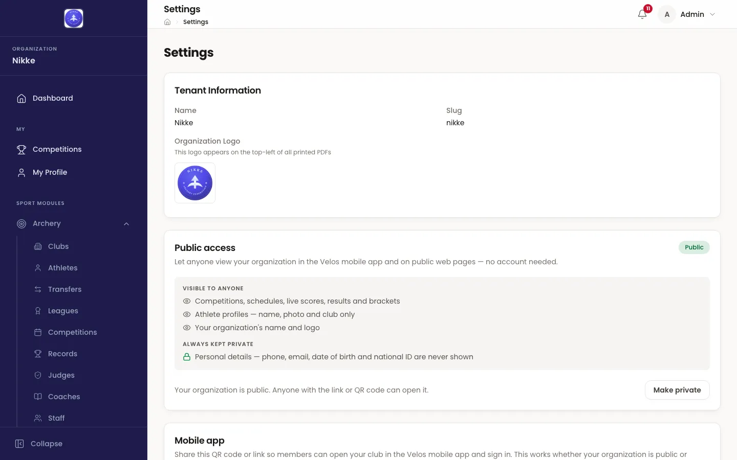 The Settings page in Velos. A Tenant Information card shows Name Nikke, Slug nikke and an Organization Logo section with the note that this logo appears on the top-left of all printed PDFs, and a preview of the round Nikke crest. Below it a Public access card carries a green Public badge, a Visible to anyone panel listing competitions, schedules, live scores, results and brackets, athlete profiles with name, photo and club only, and the name and logo, an Always kept private panel saying personal details such as phone, email, date of birth and national ID are never shown, the line that anyone with the link or QR code can open it, and a Make private button.