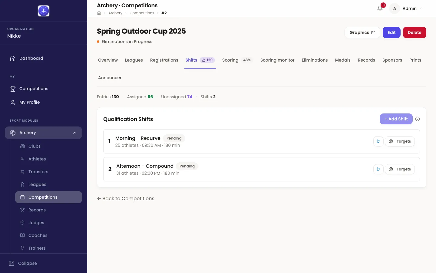 The Shifts tab of the competition Spring Outdoor Cup 2025 in Velos. A summary line reads Entries 130, Assigned 56, Unassigned 74, Shifts 2. A card headed Qualification Shifts lists shift 1, Morning - Recurve, Pending, 25 athletes · 09:30 AM · 180 min, and shift 2, Afternoon - Compound, Pending, 31 athletes · 02:00 PM · 180 min. Each row ends in a start button and a Targets button. The + Add Shift button above the list is greyed out, with an information marker beside it.