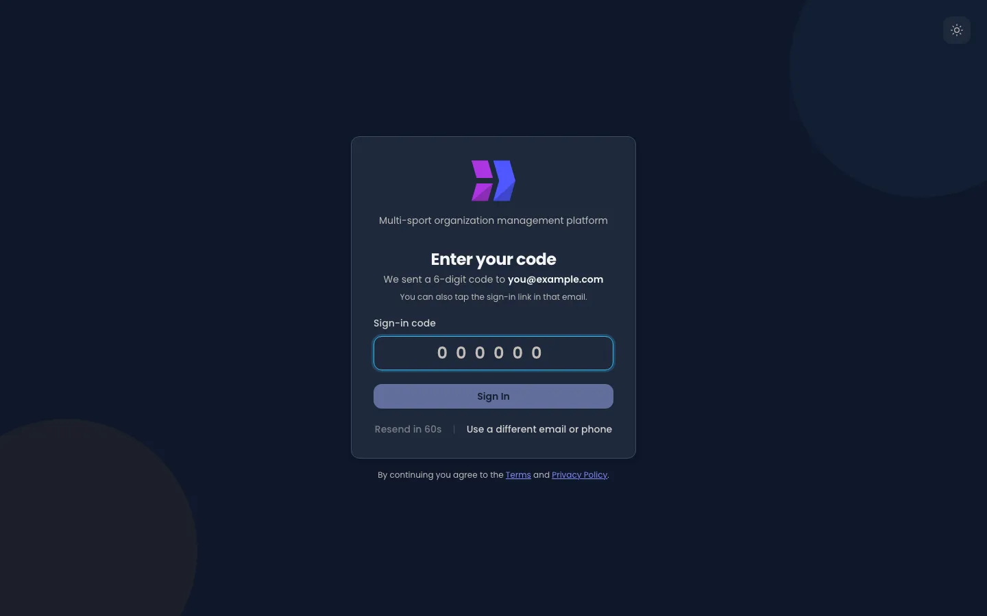 The code step of the Velos sign-in page: the heading Enter your code, a line confirming a six-digit code was sent to the address entered, a six-digit code box, a Sign In button, and links to resend or use a different address.