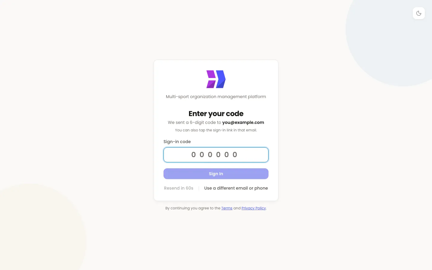 The code step of the Velos sign-in page: the heading Enter your code, a line confirming a six-digit code was sent to the address entered, a six-digit code box, a Sign In button, and links to resend or use a different address.