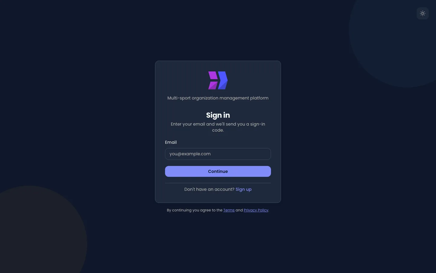 The Velos sign-in page: a card with the Velos logo, the heading Sign in, a single Email field, and a Continue button.