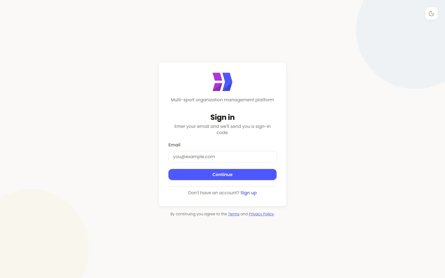 The Velos sign-in page: a card with the Velos logo, the heading Sign in, a single Email field, and a Continue button.