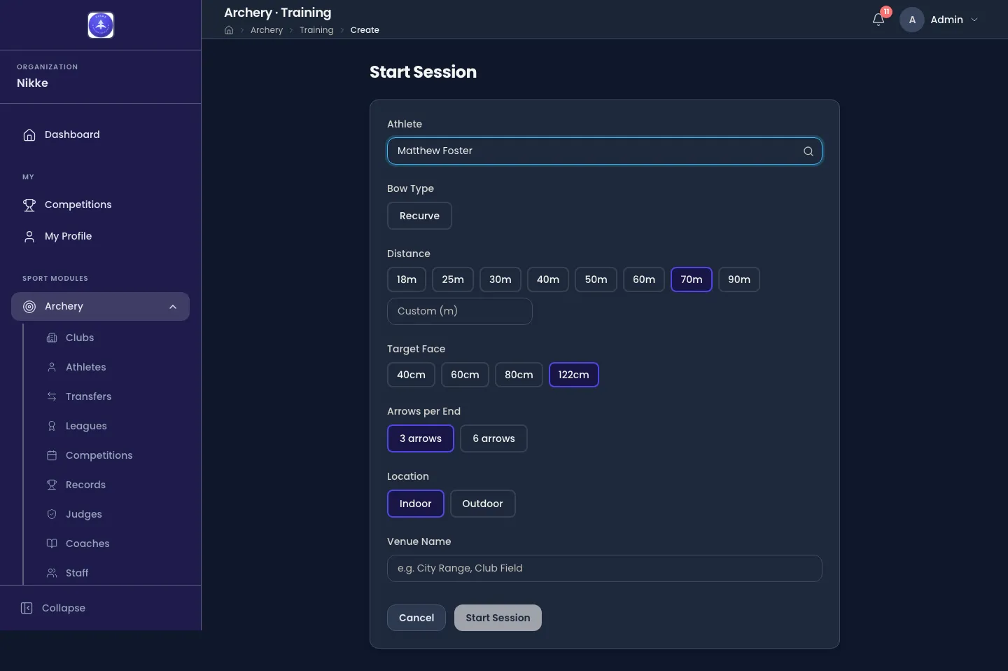 The Start Session form in Velos. A searchable Athlete box with a magnifier icon reads Matthew Foster; under it a Bow Type row with a single Recurve chip, a Distance row of chips from 18m to 90m with 70m selected and a Custom (m) box under it, a Target Face row with 122cm selected, an Arrows per End row with 3 arrows selected, a Location row with Indoor and Outdoor, and a Venue Name box. Cancel and Start Session buttons sit at the bottom.