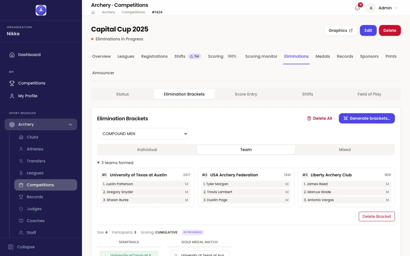 The Elimination Brackets view of Capital Cup 2025 in Velos, with the league dropdown reading COMPOUND MEN and Team chosen on the Individual / Team / Mixed switch. Under a heading reading 3 teams formed, three cards sit side by side: #1 University of Texas at Austin with 2017 in its corner and the members 1. Justin Patterson, 2. Gregory Snyder and 3. Shawn Burke, each marked M; #2 USA Archery Federation with 1941 and Tyler Morgan, Travis Lambert and Dustin Page; #3 Liberty Archery Club with 1891 and James Reed, Marcus Wade and Antonio Vargas. Below the cards a line reads Size 4, Participants 3, Scoring CUMULATIVE with an IN PROGRESS badge, and the first column of the bracket begins.